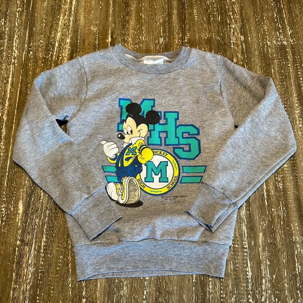 Vintage 90s Disney Mickey Mouse MHS High School Sweatshirt Gray Kids Size S (8)